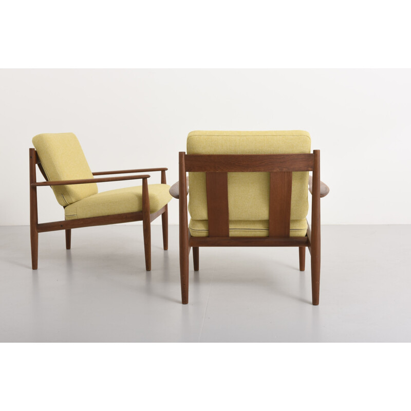 Pair of yellow armchairs in teak and fabric, Grete JALK - 1960s