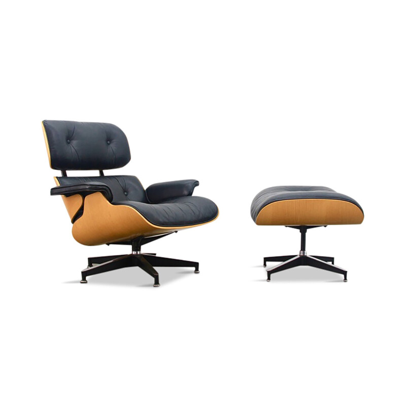 Leather Oak Lounge Chair And Ottoman by Eames - 1970s 