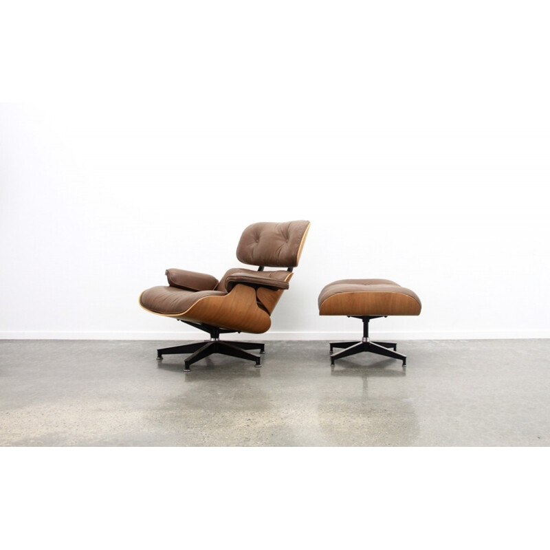 Brown Leather And Walnut Lounge Chair And Ottoman by Eames - 1970s