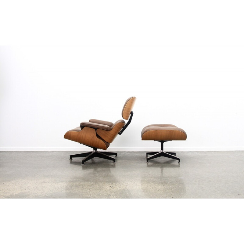 Brown Leather And Walnut Lounge Chair And Ottoman by Eames - 1970s