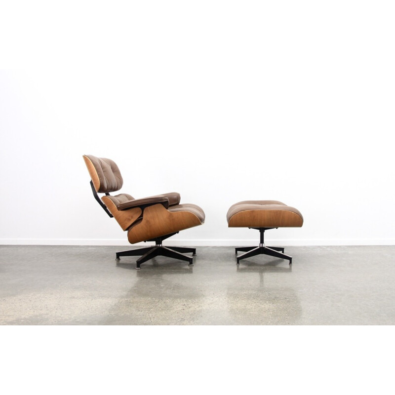 Brown Leather And Walnut Lounge Chair And Ottoman by Eames - 1970s