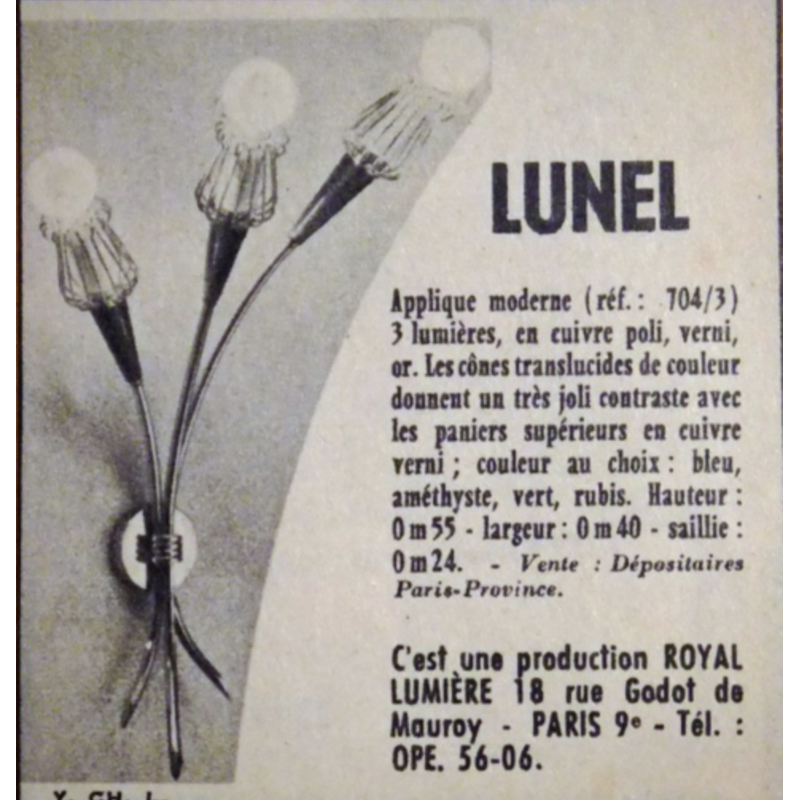 Par de arandelas Muguet para Lunel, Produção Royal lumières - 1950