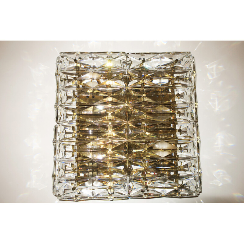 6 light faceted crystal and brass square wall light by Kinkeldey - 1960