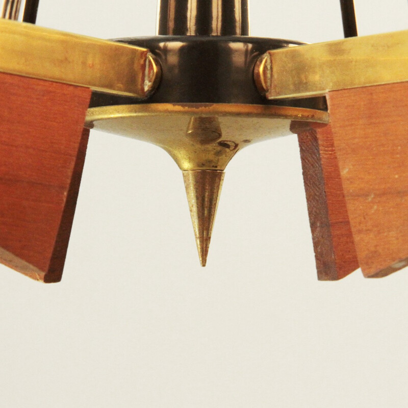 Italian 6 lights in brass and opaline glass chandelier - 1950s