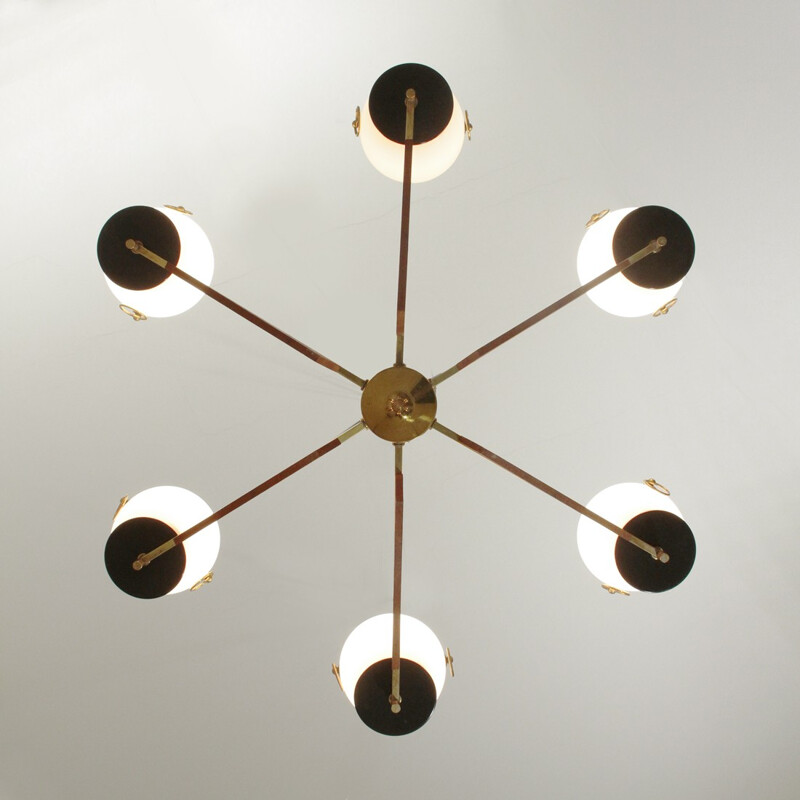 Italian 6 lights in brass and opaline glass chandelier - 1950s