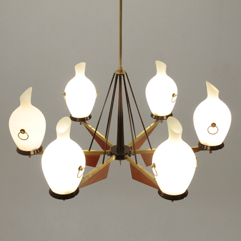 Italian 6 lights in brass and opaline glass chandelier - 1950s