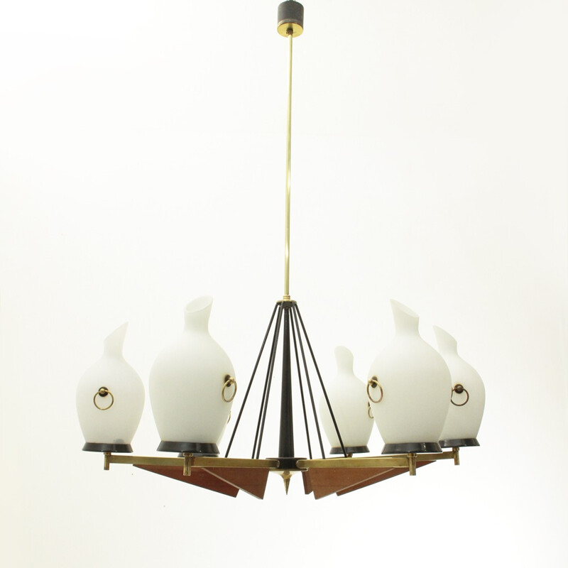 Italian 6 lights in brass and opaline glass chandelier - 1950s