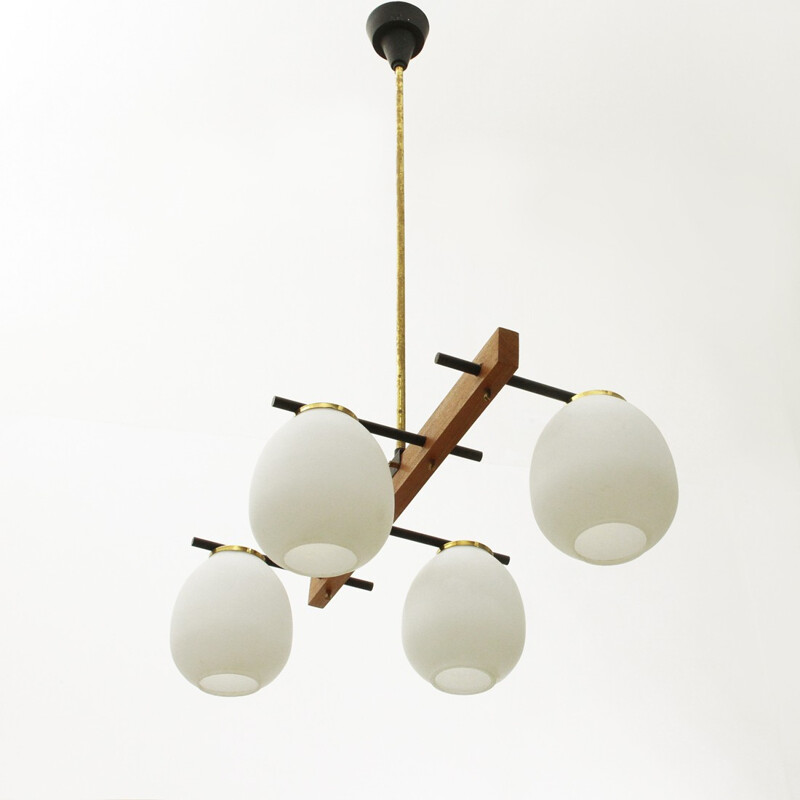 Brass and Opaline Glass chandelier - 1950s