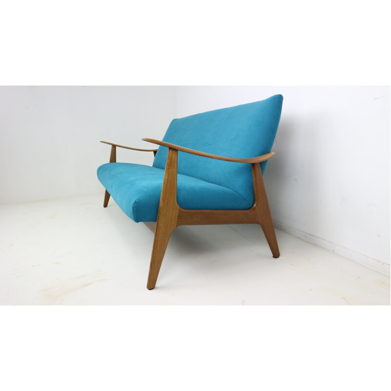 Danish design teak sofa newly upholstered in blue velvet - 1960s
