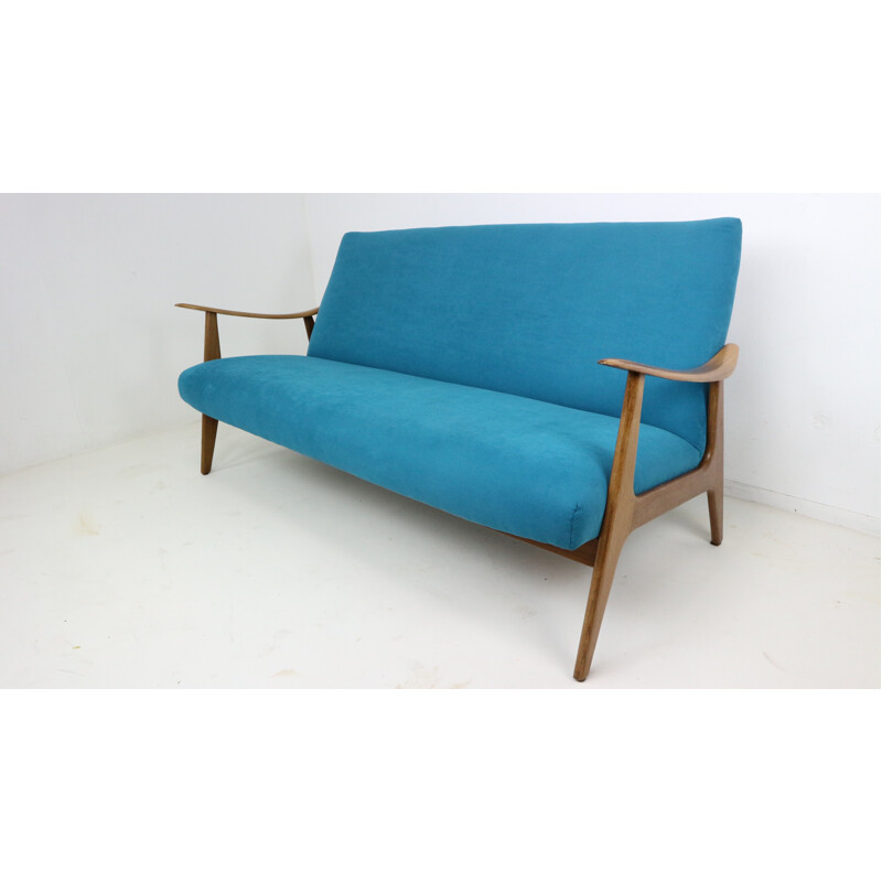 Danish design teak sofa newly upholstered in blue velvet - 1960s