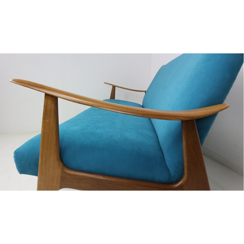 Danish design teak sofa newly upholstered in blue velvet - 1960s