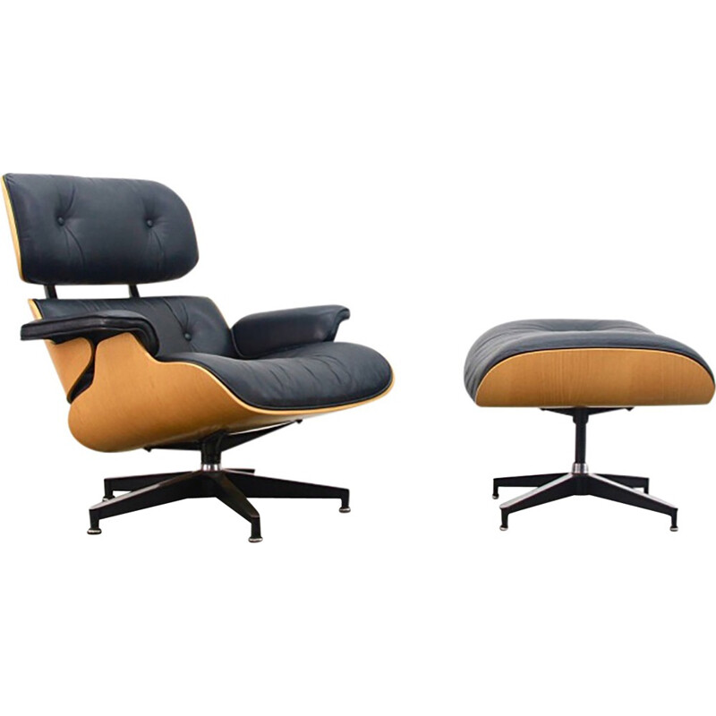 Leather Oak Lounge Chair And Ottoman by Eames - 1970s 