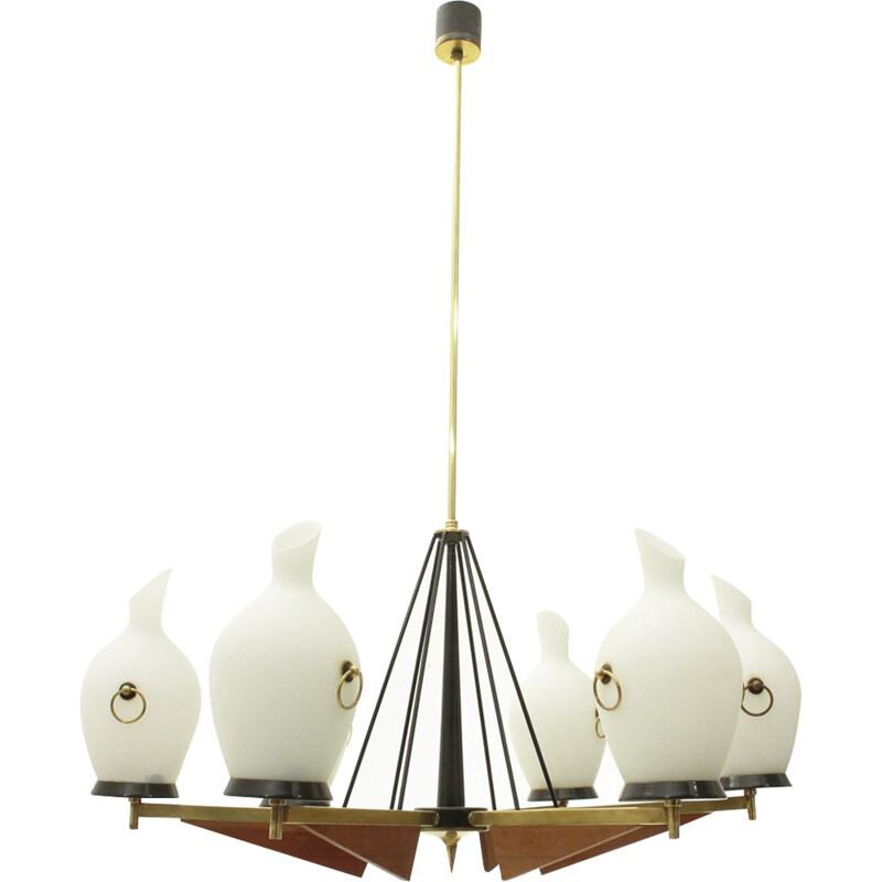 Italian 6 lights in brass and opaline glass chandelier - 1950s