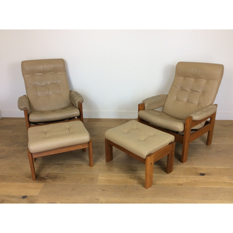 Pair of vintage reclining chairs with footstools by Svend Dyrlund - 1960s