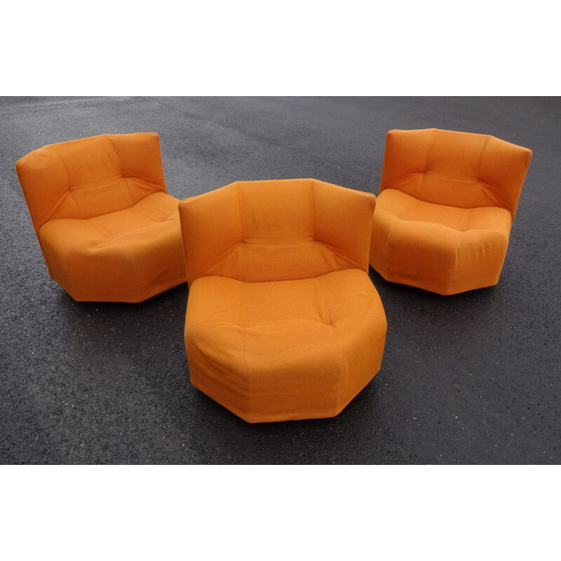 Set of 3 orange armchairs by Bernard Govin for Mobilier international - 1970s