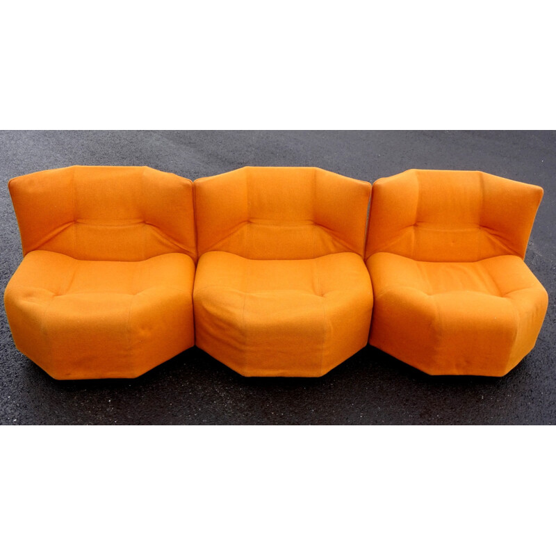 Set of 3 orange armchairs by Bernard Govin for Mobilier international - 1970s