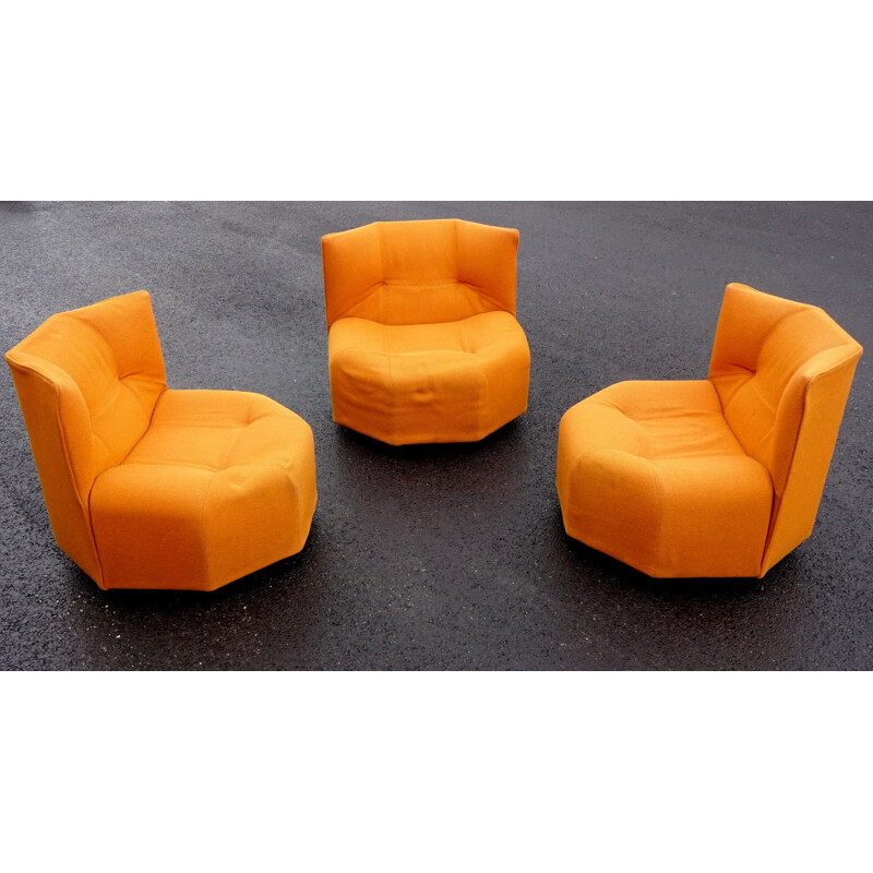 Set of 3 orange armchairs by Bernard Govin for Mobilier international - 1970s