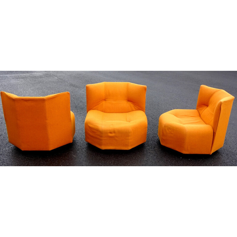 Set of 3 orange armchairs by Bernard Govin for Mobilier international - 1970s