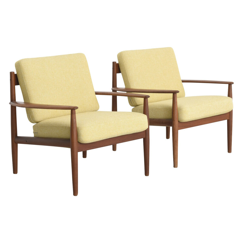 Pair of yellow armchairs in teak and fabric, Grete JALK - 1960s