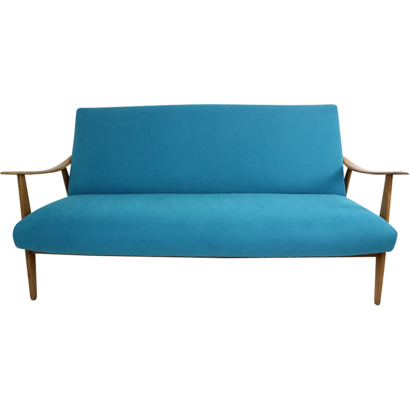 Danish design teak sofa newly upholstered in blue velvet - 1960s