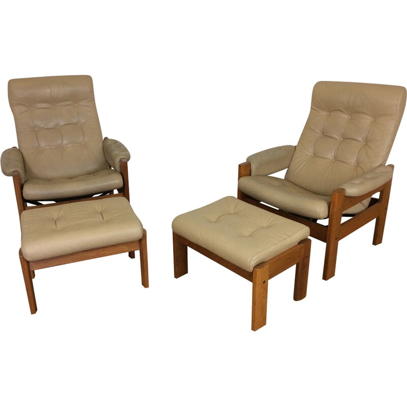 Pair of vintage reclining chairs with footstools by Svend Dyrlund - 1960s