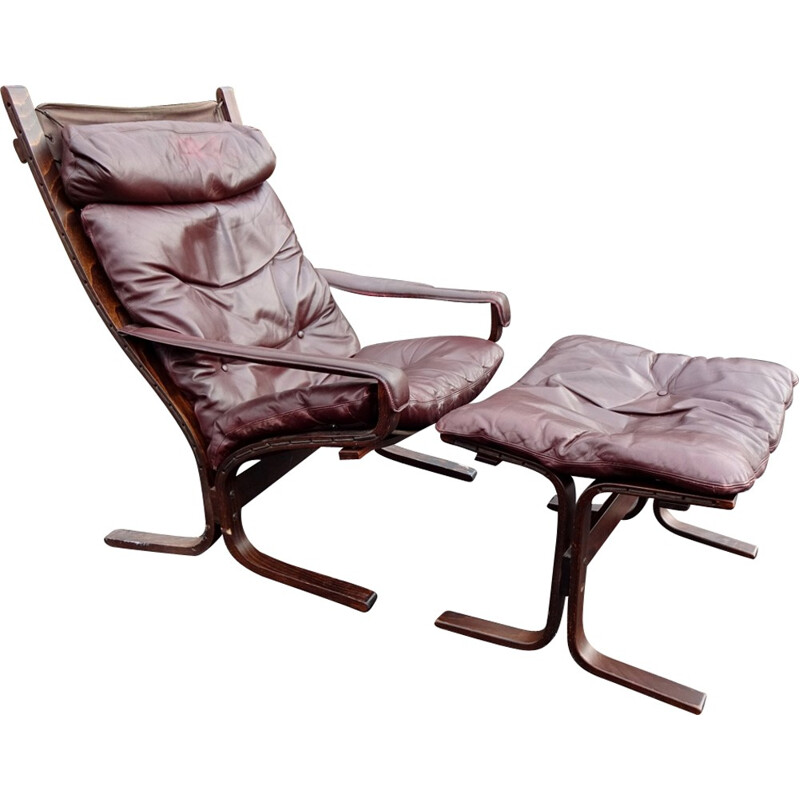 Fauteuil et ottoman bordeaux par Ingmar Relling - 1970