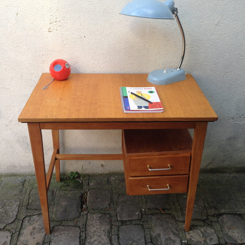 Vintage wood and brass pedestal desk - 1960s