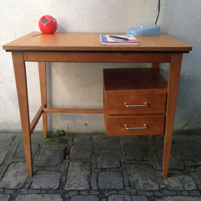 Vintage wood and brass pedestal desk - 1960s