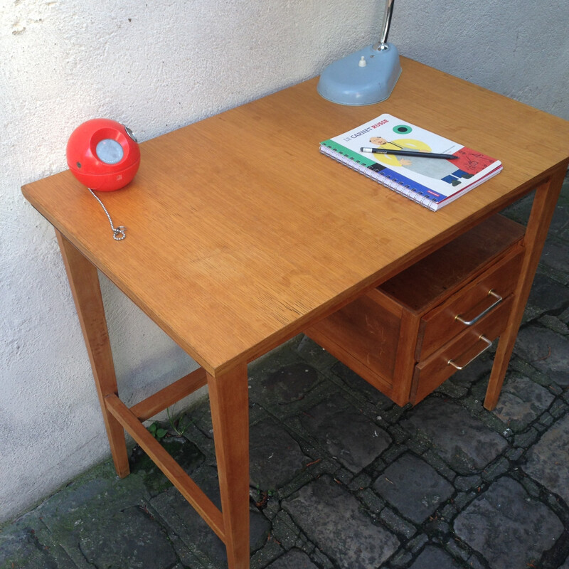 Vintage wood and brass pedestal desk - 1960s