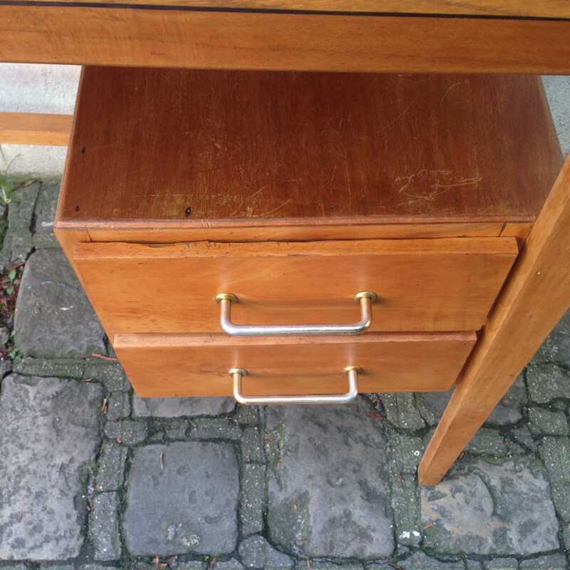 Vintage wood and brass pedestal desk - 1960s