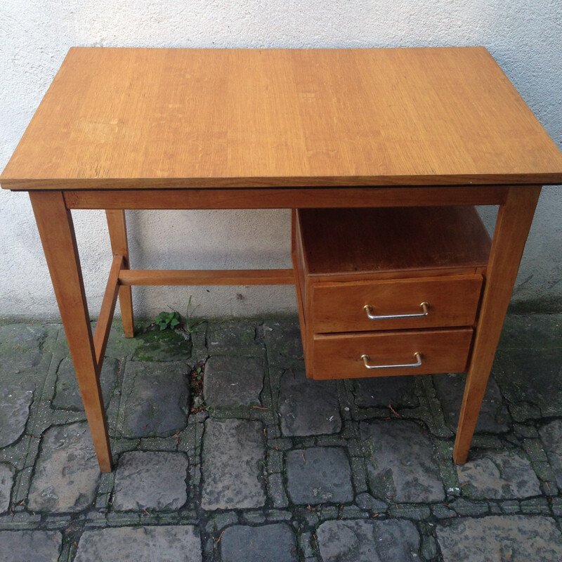 Vintage wood and brass pedestal desk - 1960s