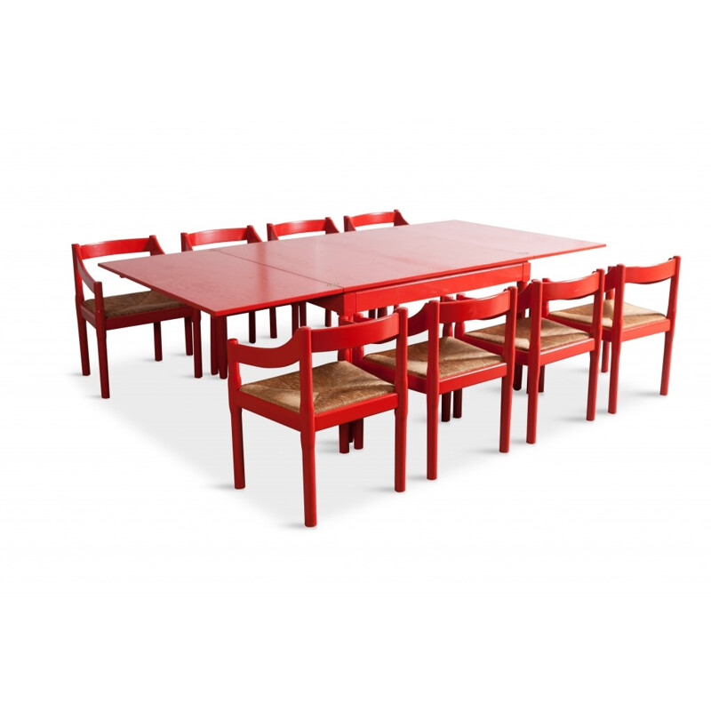 Red lacquered extendable dining table by Vico Magistretti for Cassina - 1960s