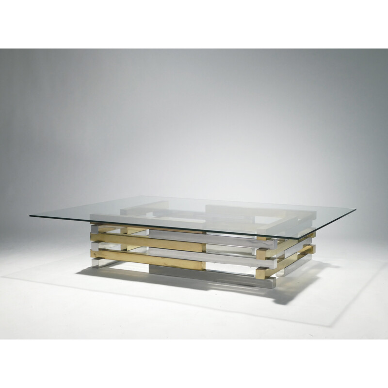 Grande table basse vintage chromé et en laiton par Pierre Cardin - 1970