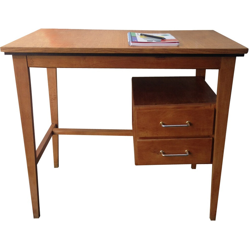 Vintage wood and brass pedestal desk - 1960s