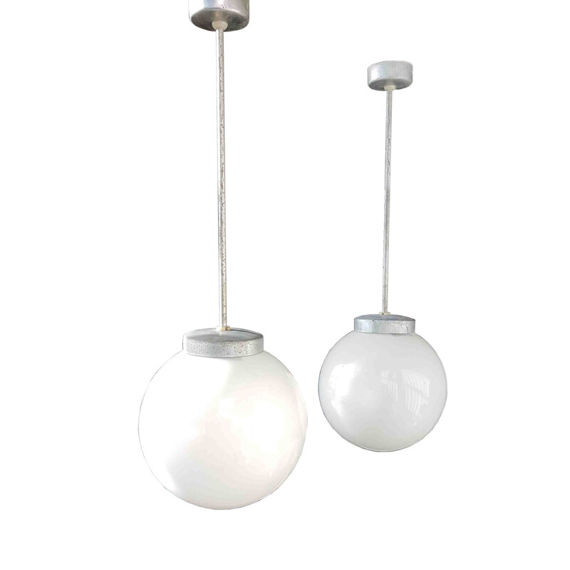 Industrial Spherical Milky Glass Pendant from Polam - 1950s 