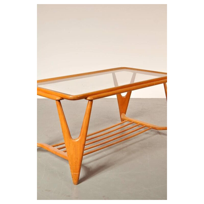 Vintage coffee table in wood and glass - 1950s