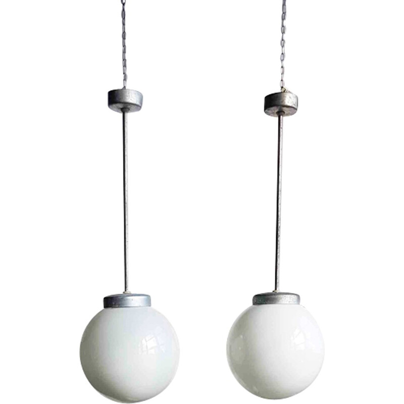 Industrial Spherical Milky Glass Pendant from Polam - 1950s 