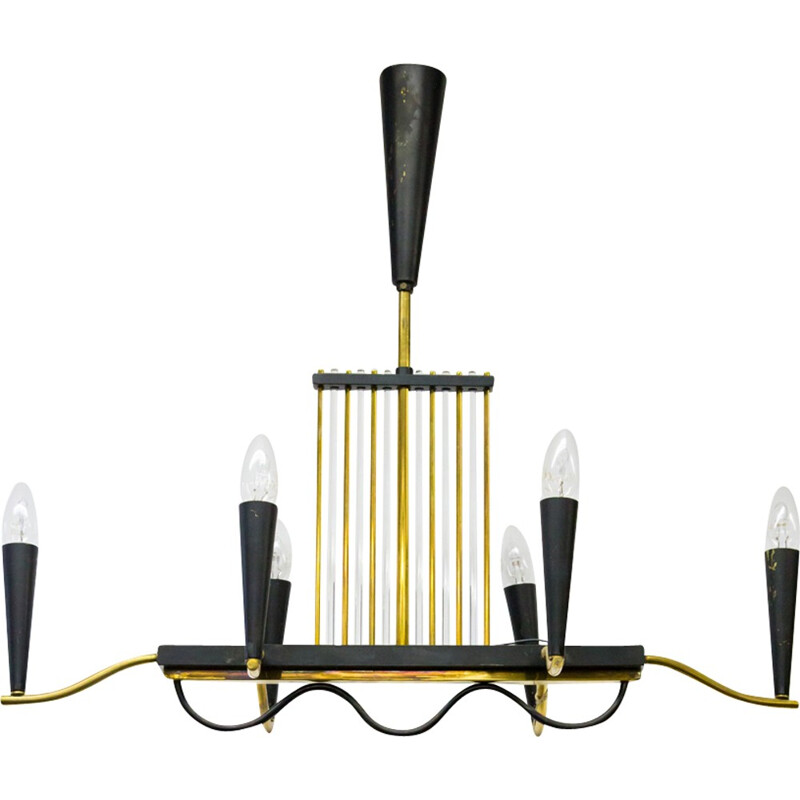 French chandelier with glass and brass rods - 1970s