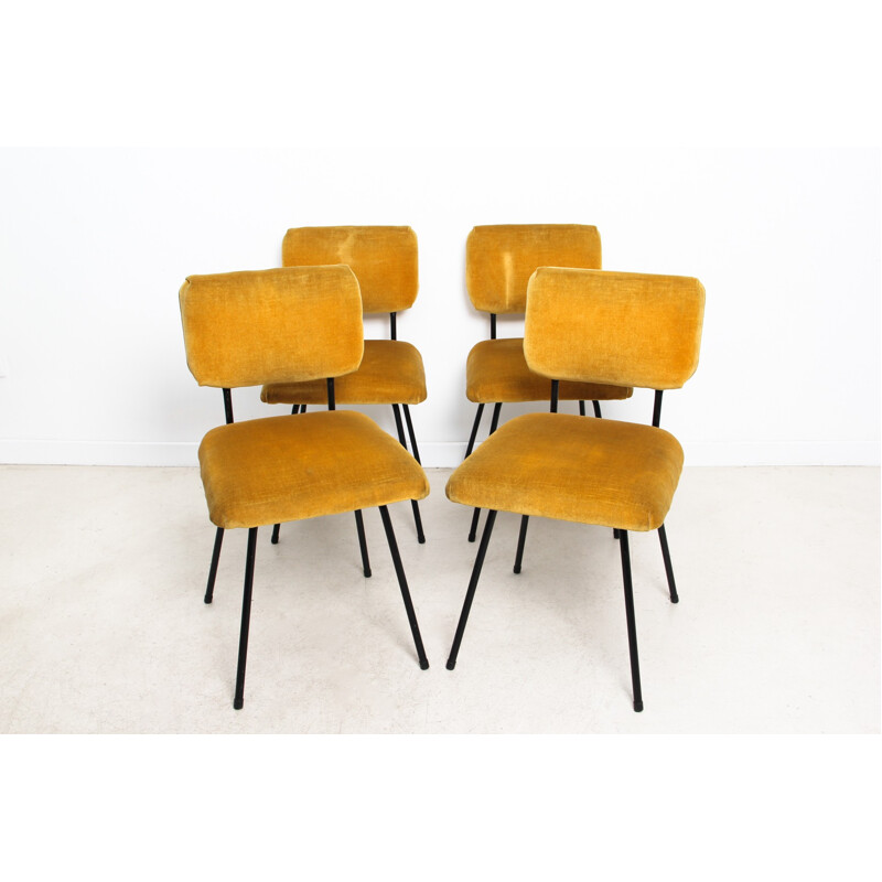 Chair in metal and mustard yellow fabric, André SIMARD - 1950s