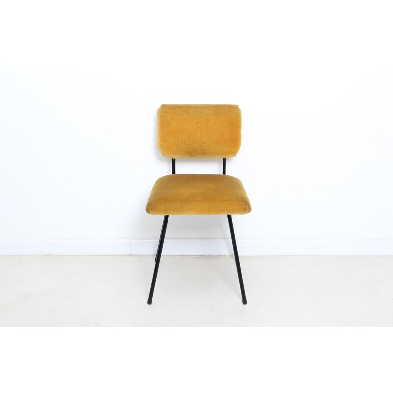 Chaise en métal et tissu jaune moutarde, André SIMARD - années 50