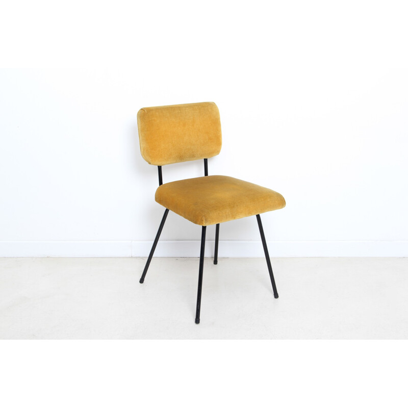 Chaise en métal et tissu jaune moutarde, André SIMARD - années 50