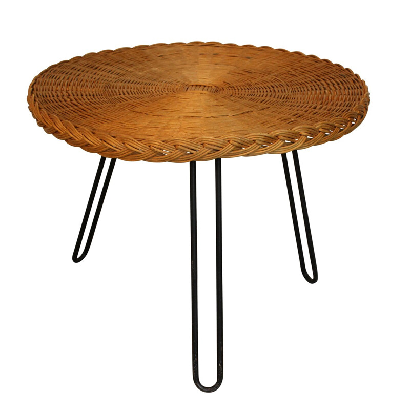 Table basse en rotin et métal laqué noir - 1960