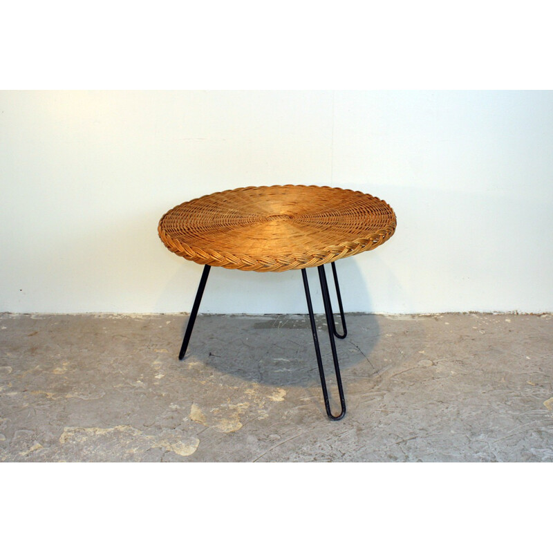 Table basse en rotin et métal laqué noir - 1960