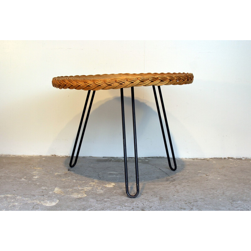 Coffee table in rattan and black lacquered metal - 1960s