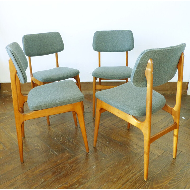 Ensemble de 4 chaises scandinaves en chêne et laine - années 60