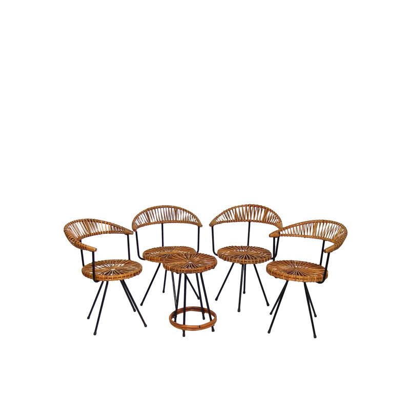 Set of 4 chairs and 1 stool in rattan for Dirk Van Sliedregt for Rohé Noordwolde - 1956