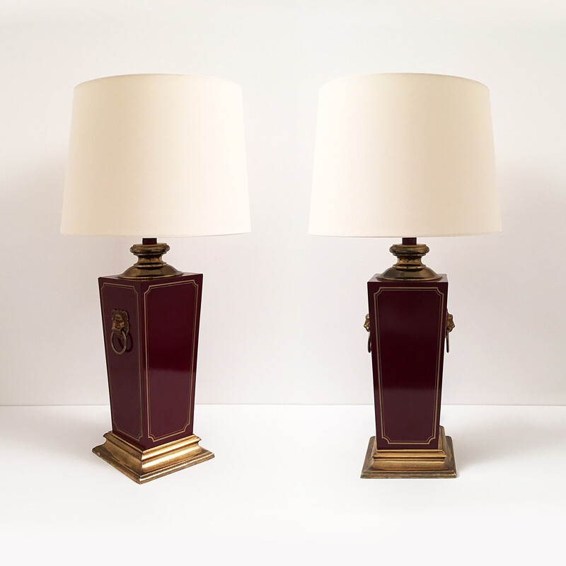 Set of burgundy bakelite & Brass table Lamps - 1960s