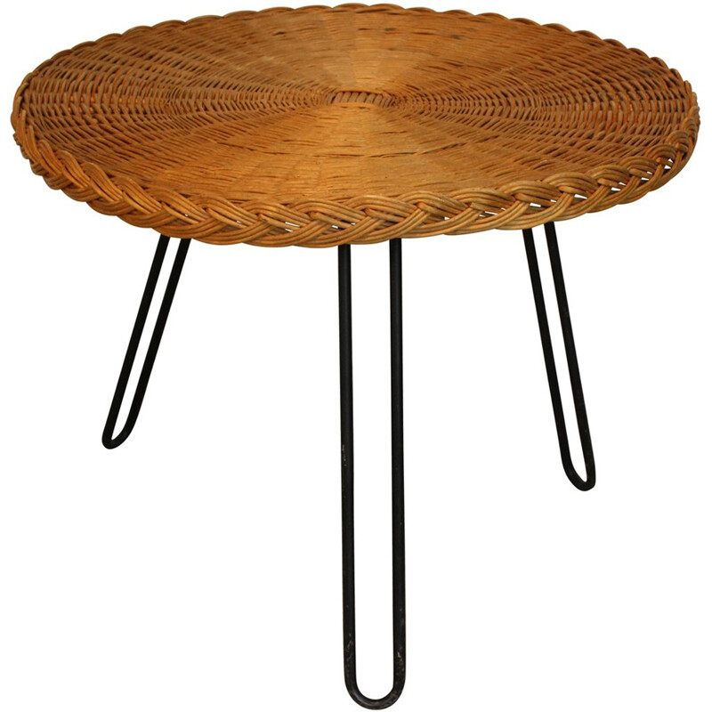 Table basse en rotin et métal laqué noir - 1960