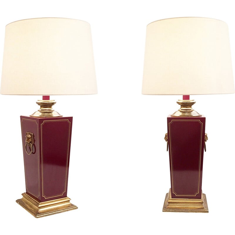 Set of burgundy bakelite & Brass table Lamps - 1960s