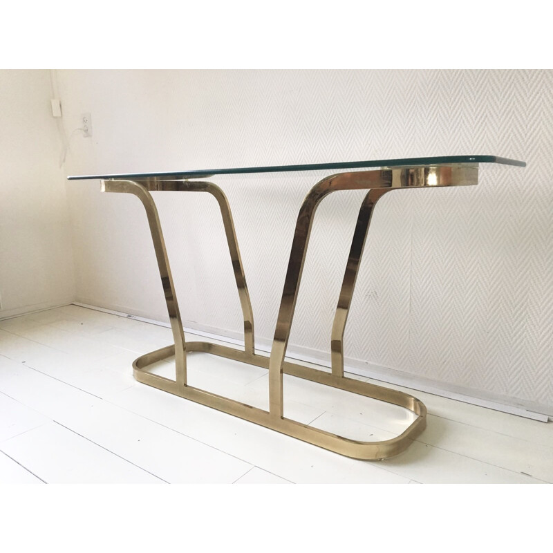 Hollywood Regency Brass and Glass Oval Modern Console - 1970s